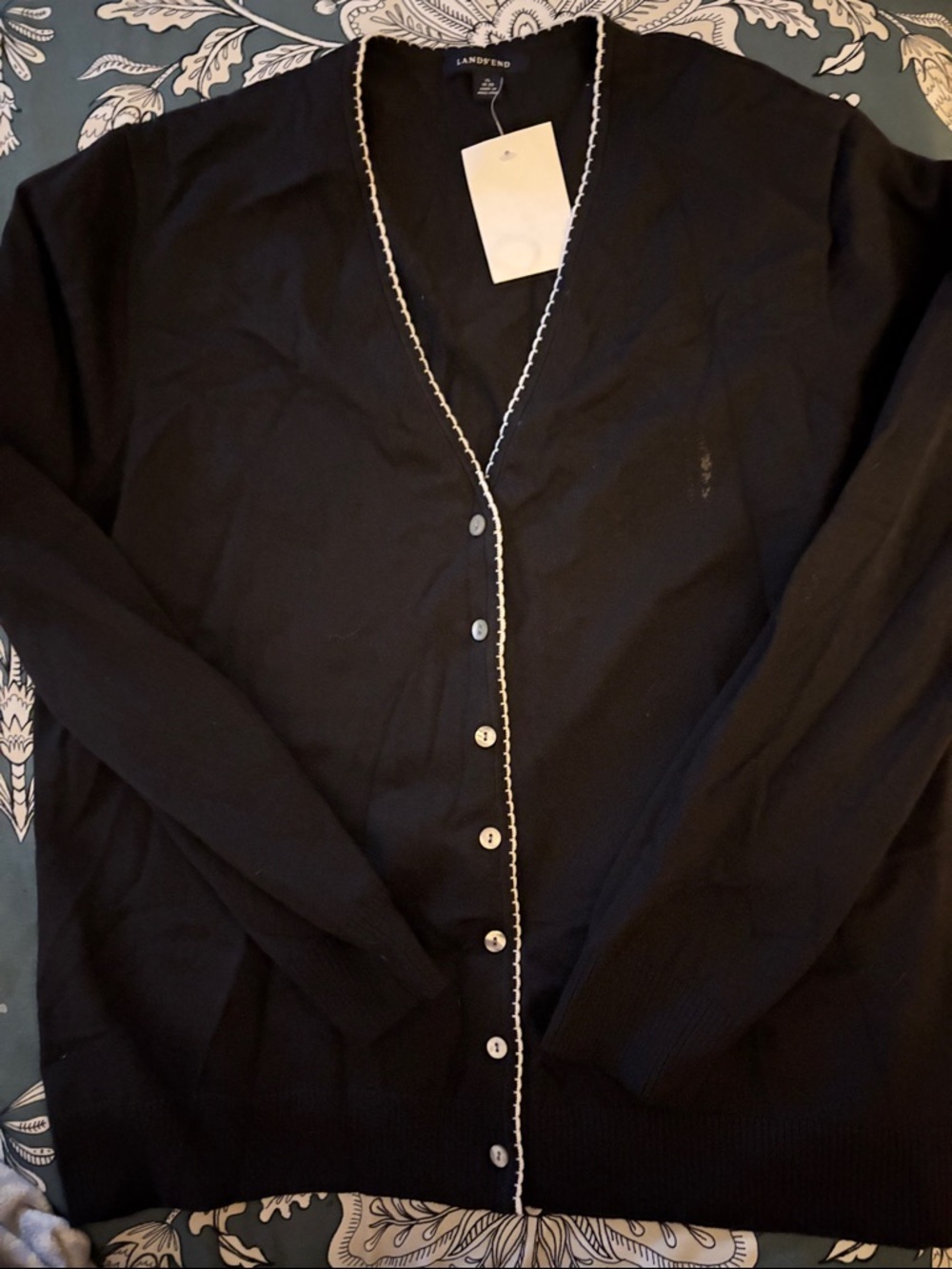Lands' End Black Cardigan with White Contrast Piping brand new size XL 18/20